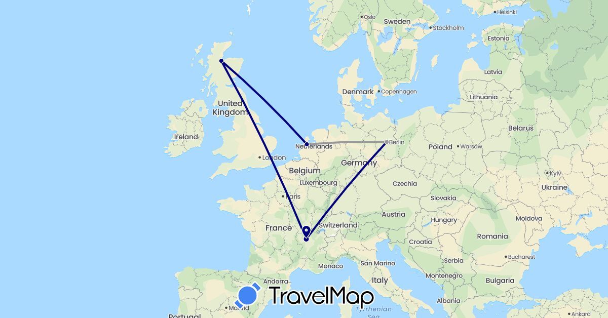 TravelMap itinerary: driving, plane in Germany, France, United Kingdom, Netherlands (Europe)